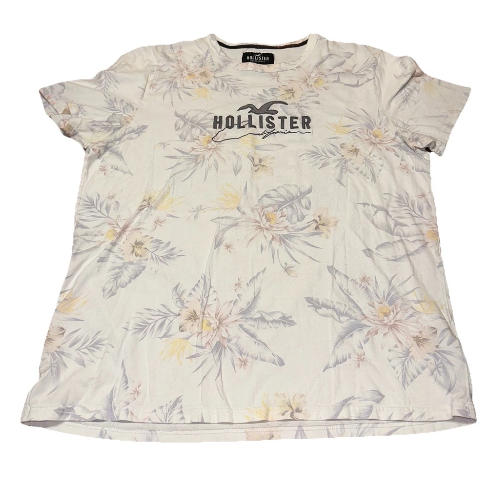 Hollister White Floral Tropical Palm Tree 100% Cotton Short Sleeve Shirt Mens XL - Picture 2 of 6